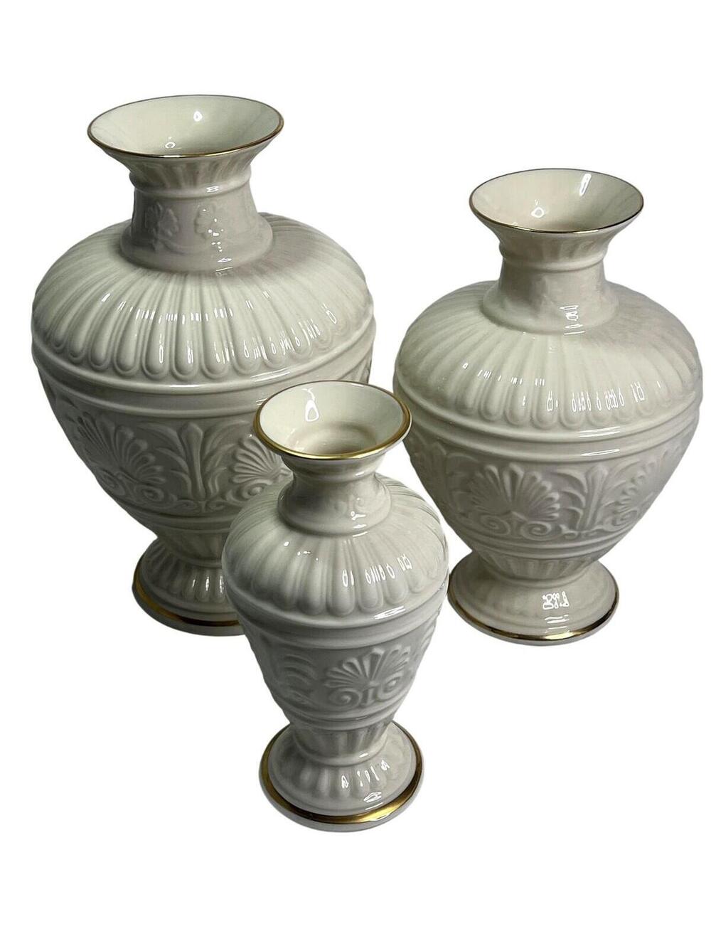 Lenox Athenia Porcelain Vase Set White 24K Gold Trim Embossed Shell 3 Pc